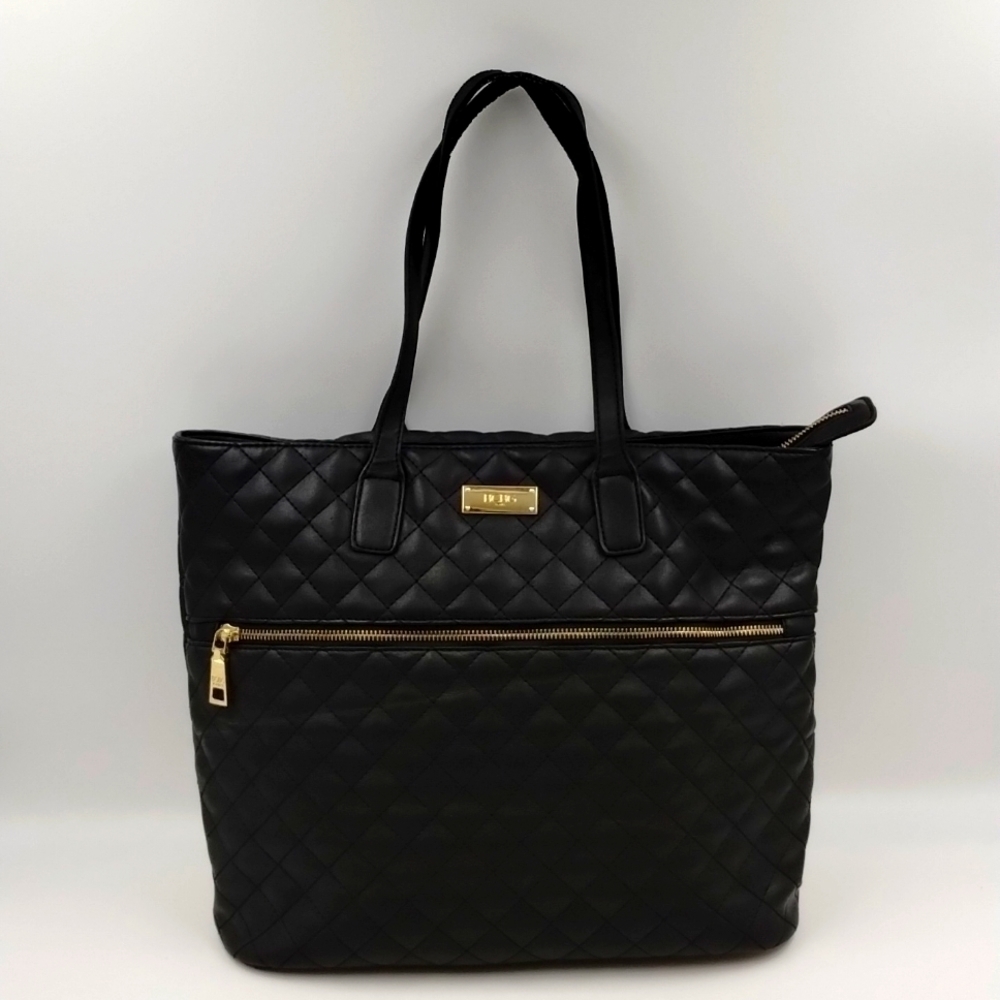 BCBG Paris Quilted Puff Tote Black Gold Hardware Large